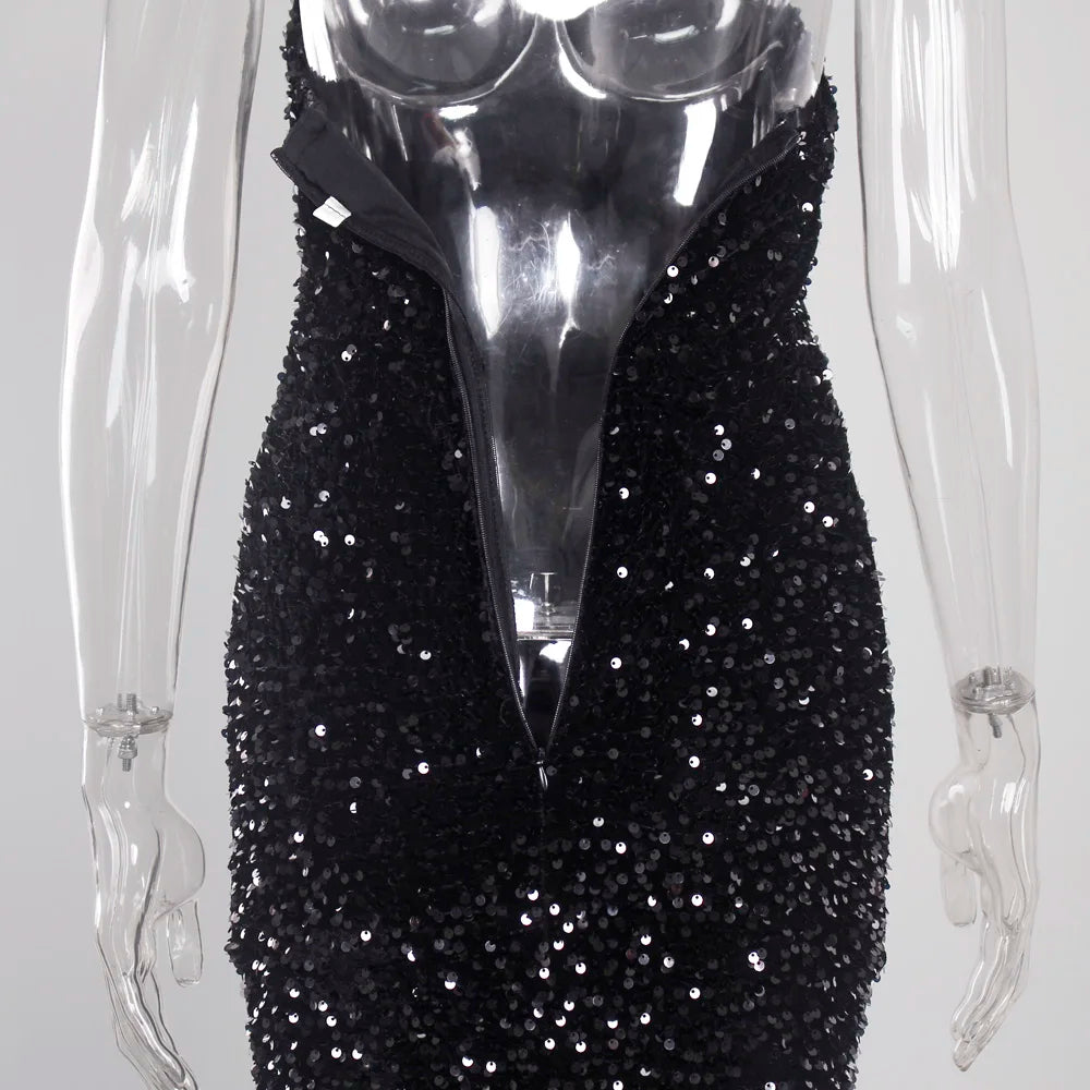 Sexy Split Sleeveless Stretch Sparkle Sequin Floor Length Party Dress Strapless Padded Bodycon Mermaid Maxi Dress Black