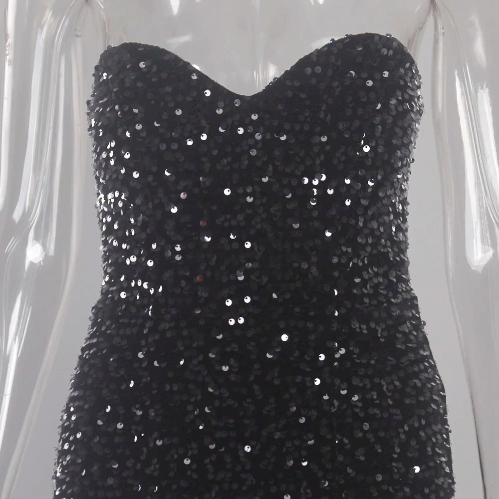 Sexy Split Sleeveless Stretch Sparkle Sequin Floor Length Party Dress Strapless Padded Bodycon Mermaid Maxi Dress Black