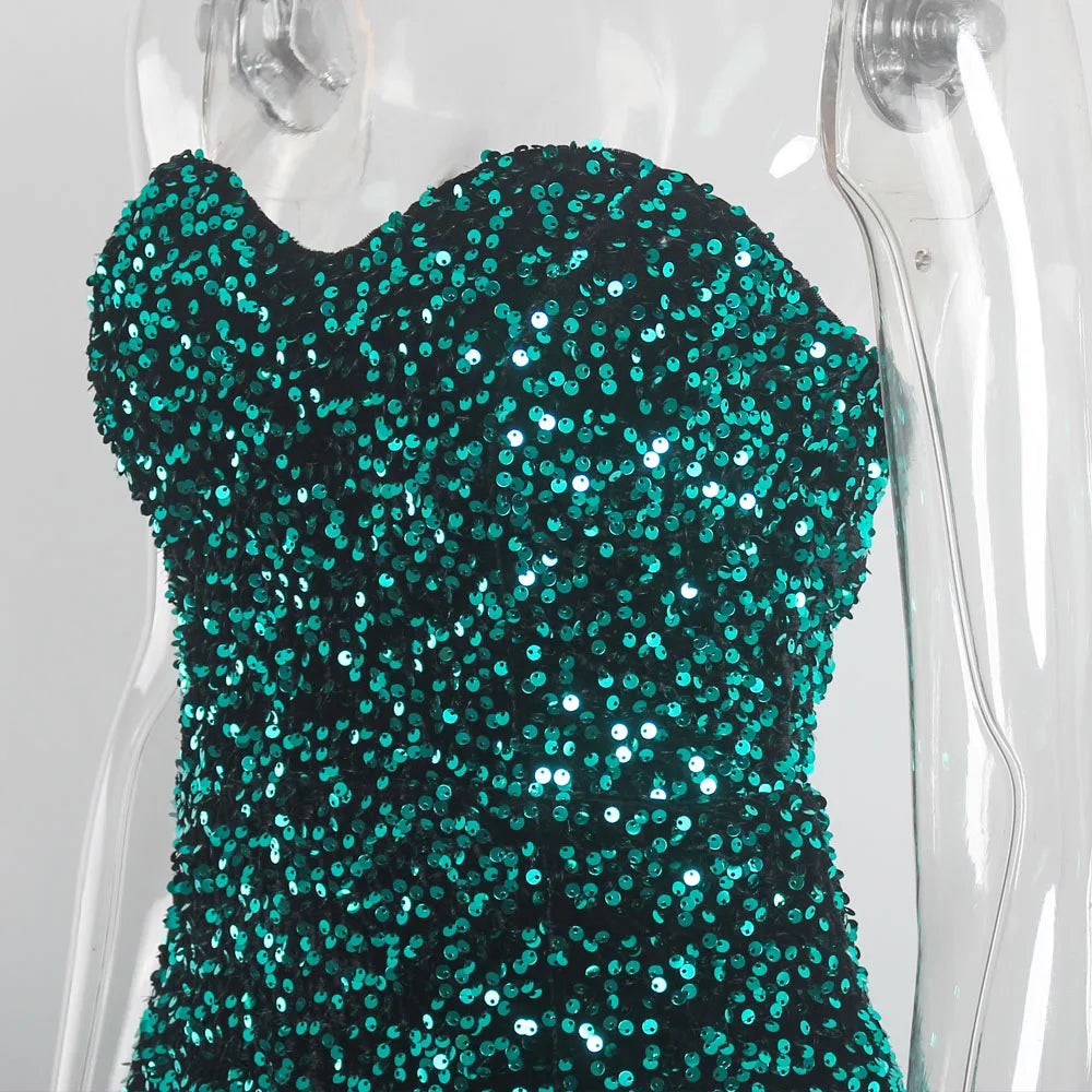 Sexy Split Sleeveless Stretch Sparkle Sequin Floor Length Party Dress Strapless Padded Bodycon Mermaid Maxi Dress Black