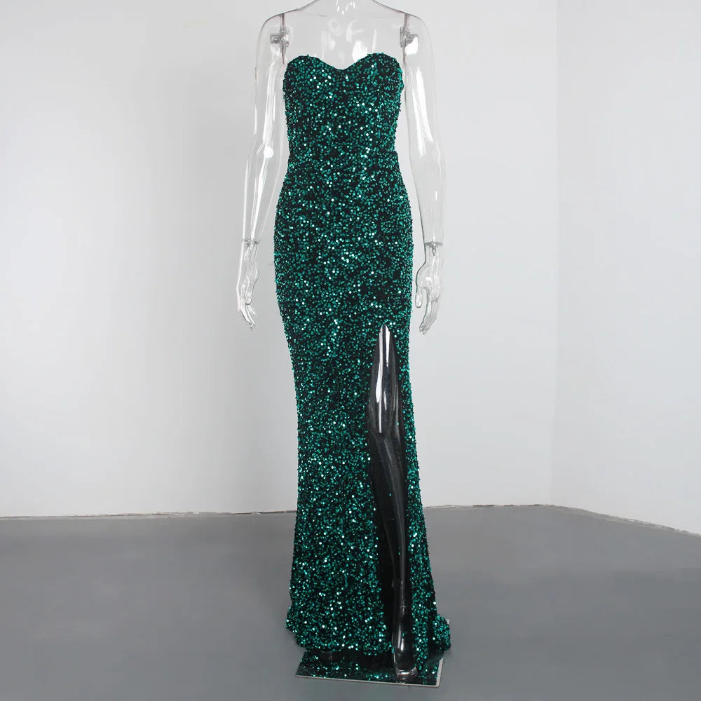 Sexy Split Sleeveless Stretch Sparkle Sequin Floor Length Party Dress Strapless Padded Bodycon Mermaid Maxi Dress Black