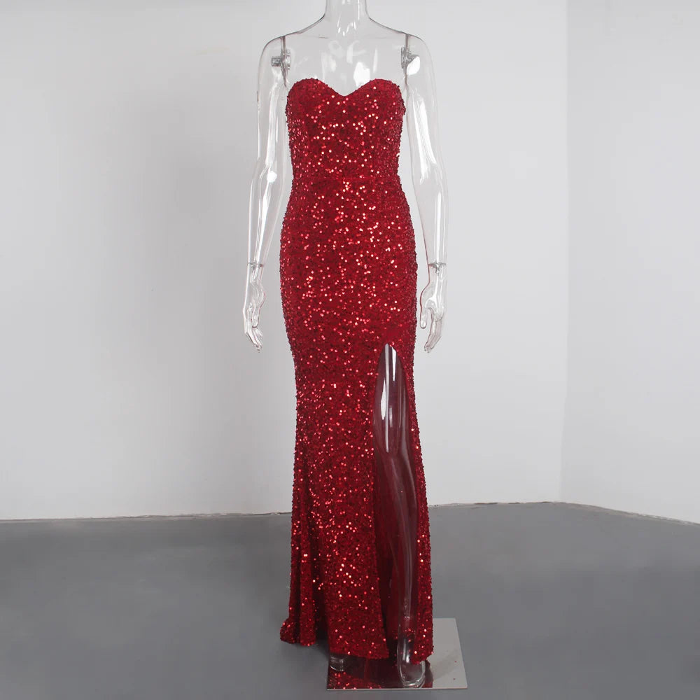 Sexy Split Sleeveless Stretch Sparkle Sequin Floor Length Party Dress Strapless Padded Bodycon Mermaid Maxi Dress Black
