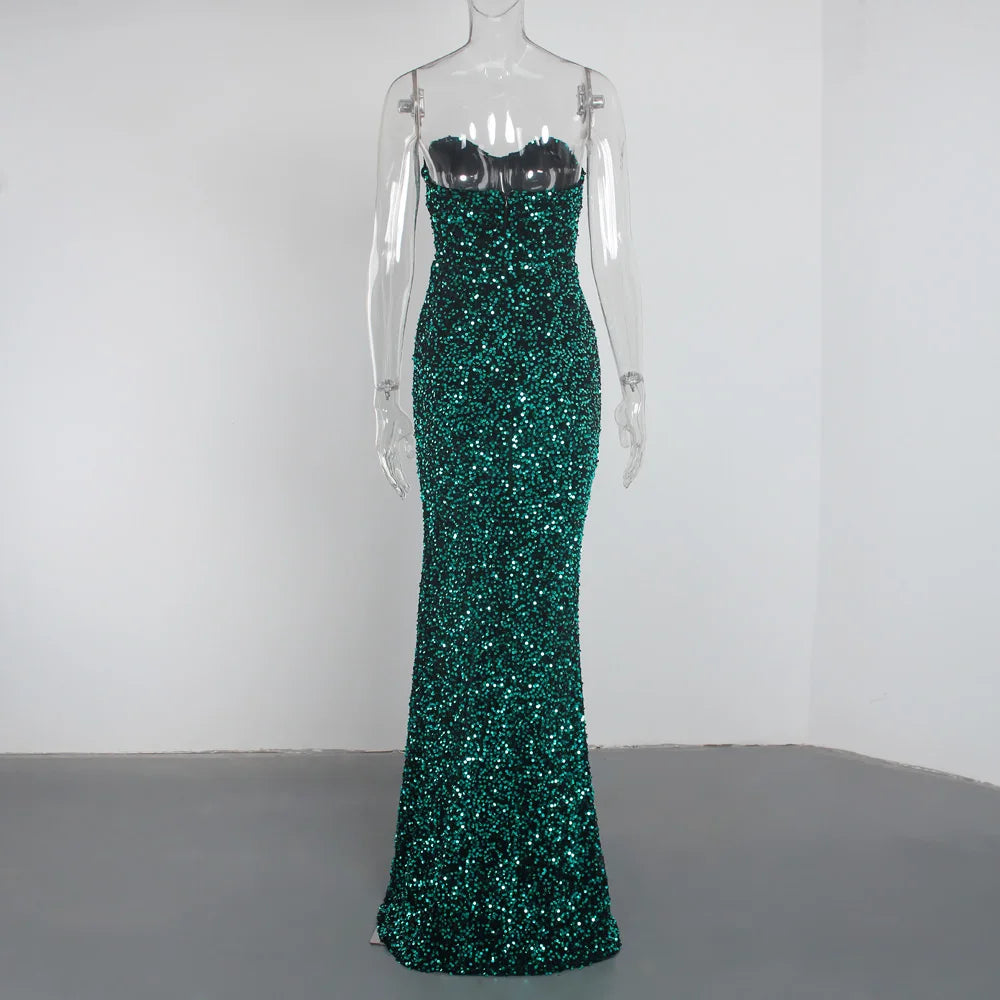 Sexy Split Sleeveless Stretch Sparkle Sequin Floor Length Party Dress Strapless Padded Bodycon Mermaid Maxi Dress Black