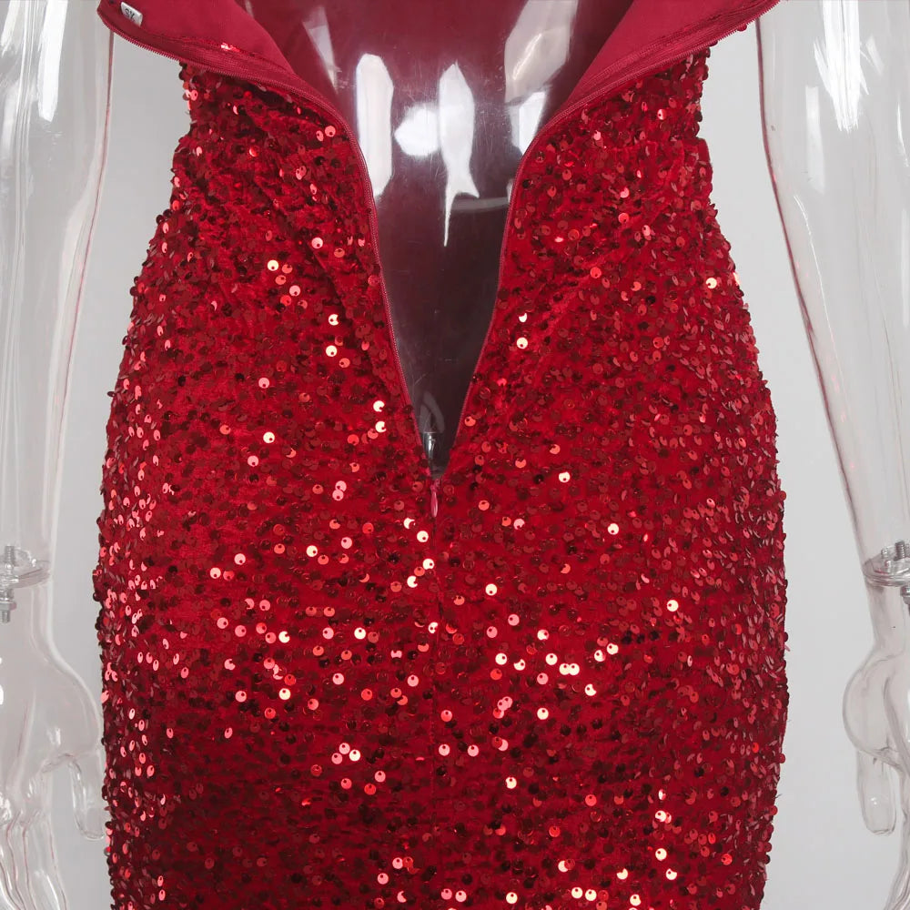 Sexy Split Sleeveless Stretch Sparkle Sequin Floor Length Party Dress Strapless Padded Bodycon Mermaid Maxi Dress Black