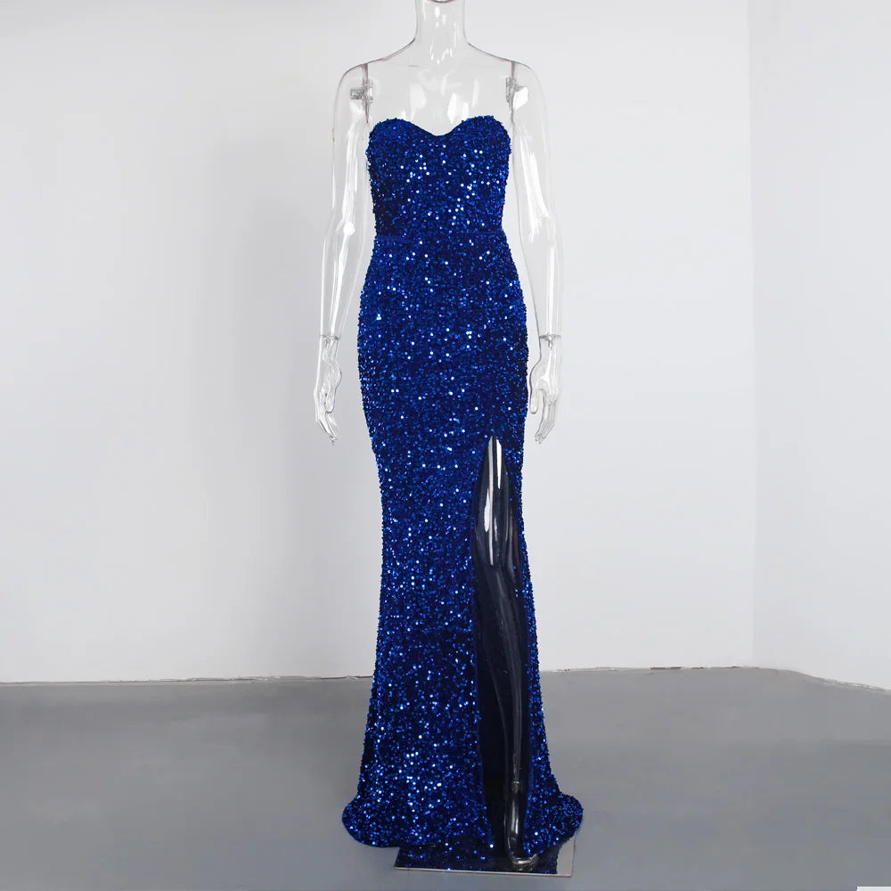Sexy Split Sleeveless Stretch Sparkle Sequin Floor Length Party Dress Strapless Padded Bodycon Mermaid Maxi Dress Black