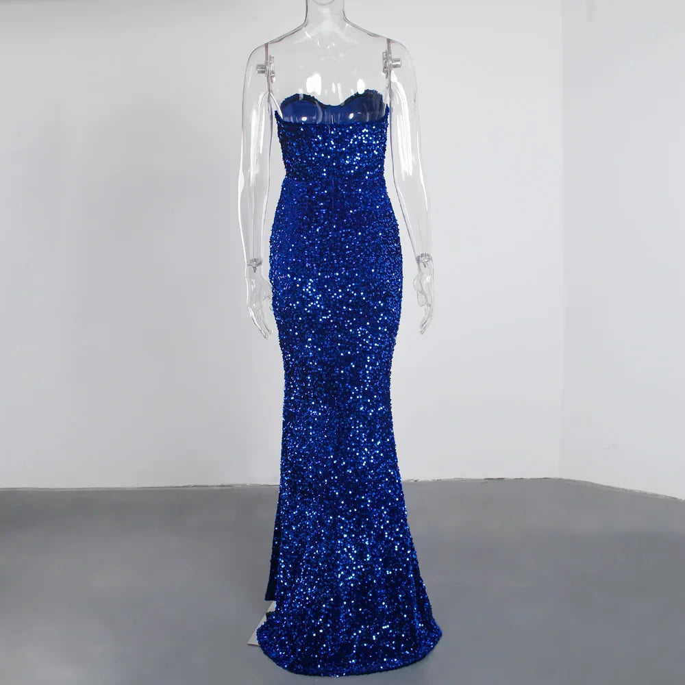 Sexy Split Sleeveless Stretch Sparkle Sequin Floor Length Party Dress Strapless Padded Bodycon Mermaid Maxi Dress Black