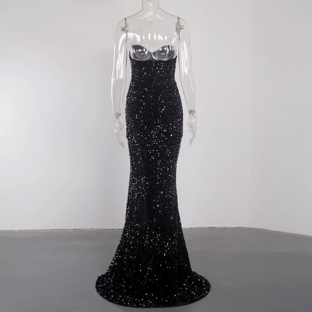 Sexy Split Sleeveless Stretch Sparkle Sequin Floor Length Party Dress Strapless Padded Bodycon Mermaid Maxi Dress Black