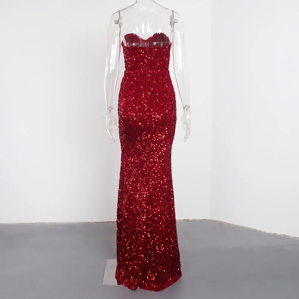Sexy Split Sleeveless Stretch Sparkle Sequin Floor Length Party Dress Strapless Padded Bodycon Mermaid Maxi Dress Black