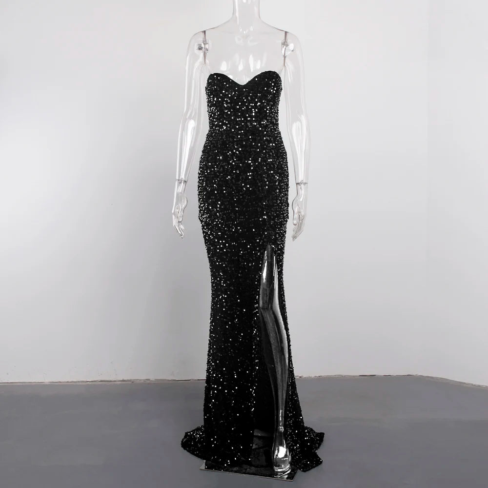 Sexy Split Sleeveless Stretch Sparkle Sequin Floor Length Party Dress Strapless Padded Bodycon Mermaid Maxi Dress Black