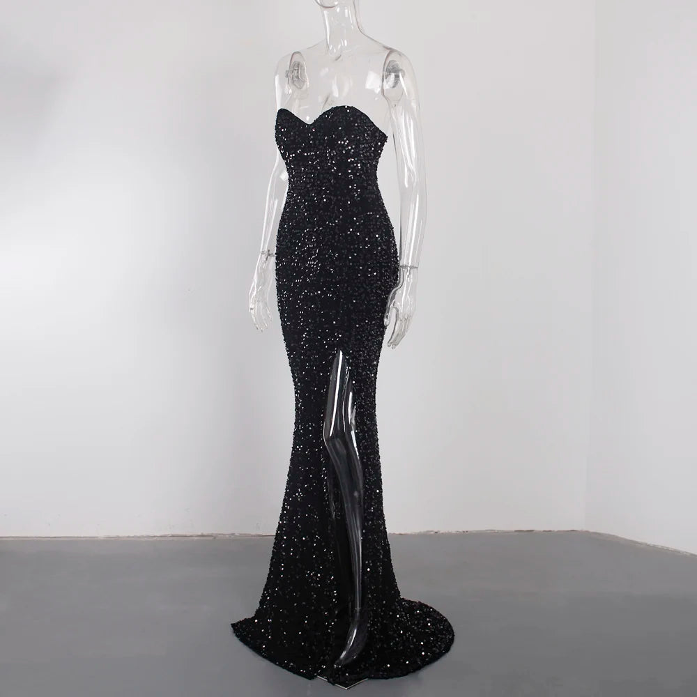 Sexy Split Sleeveless Stretch Sparkle Sequin Floor Length Party Dress Strapless Padded Bodycon Mermaid Maxi Dress Black