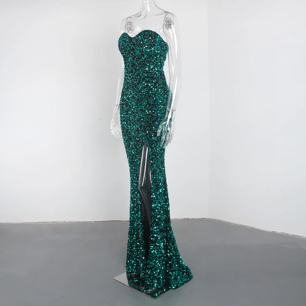 Sexy Split Sleeveless Stretch Sparkle Sequin Floor Length Party Dress Strapless Padded Bodycon Mermaid Maxi Dress Black