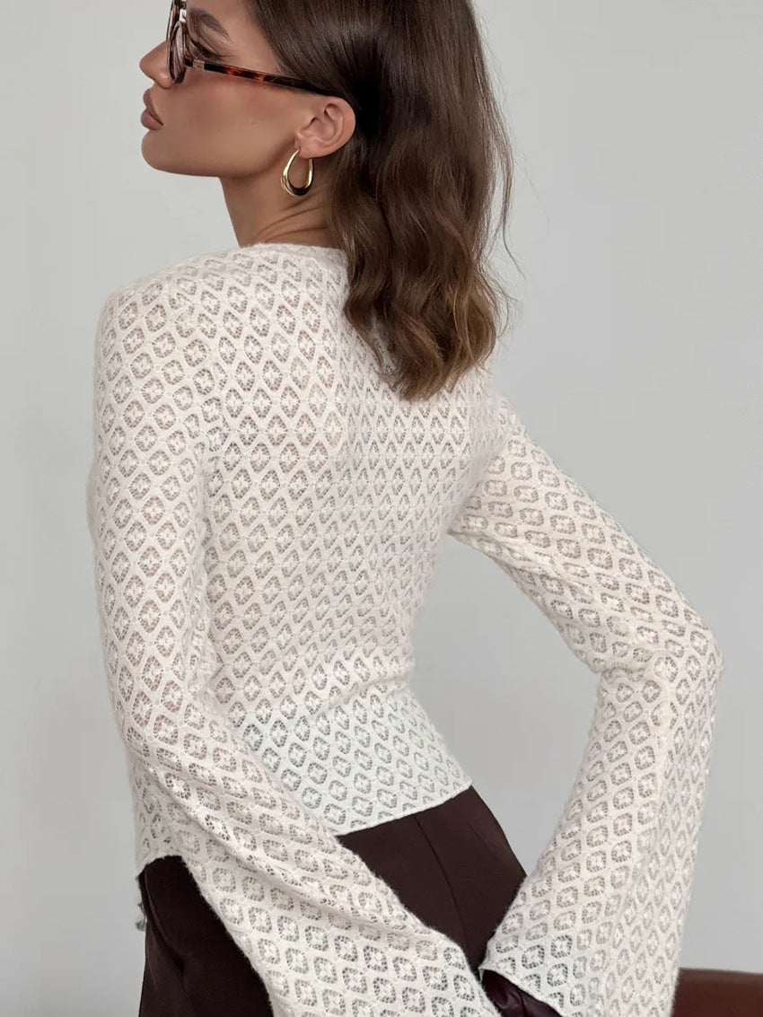 Round neck lace knitted cardigan for women 2026 spring commuting elegant versatile long sleeve slim fit slimming flared sleeves shirt