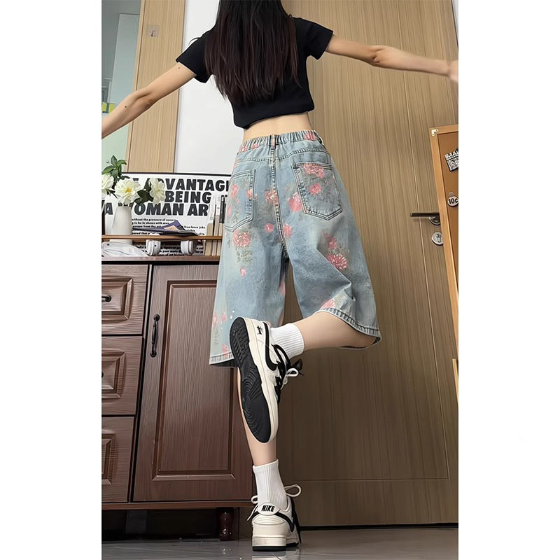2025 new retro tattered jeans Denim shorts women's summer outdoor sports loose leisure all-matching five points short pants