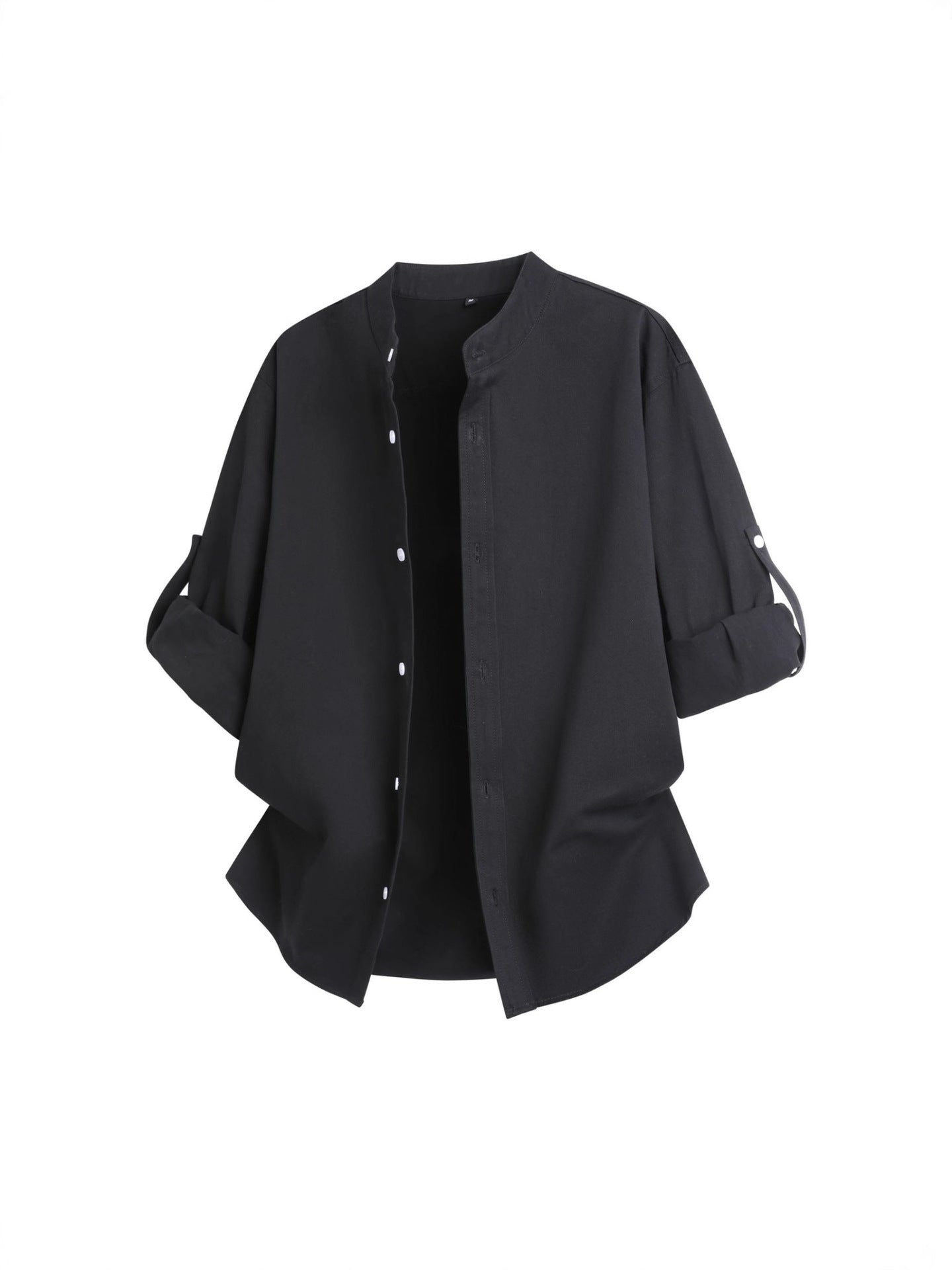 Cross-border 2026 spring and autumn stand collar long-sleeved shirt solid color commute fashion brand rolled sleeves shirt coat men's loose top