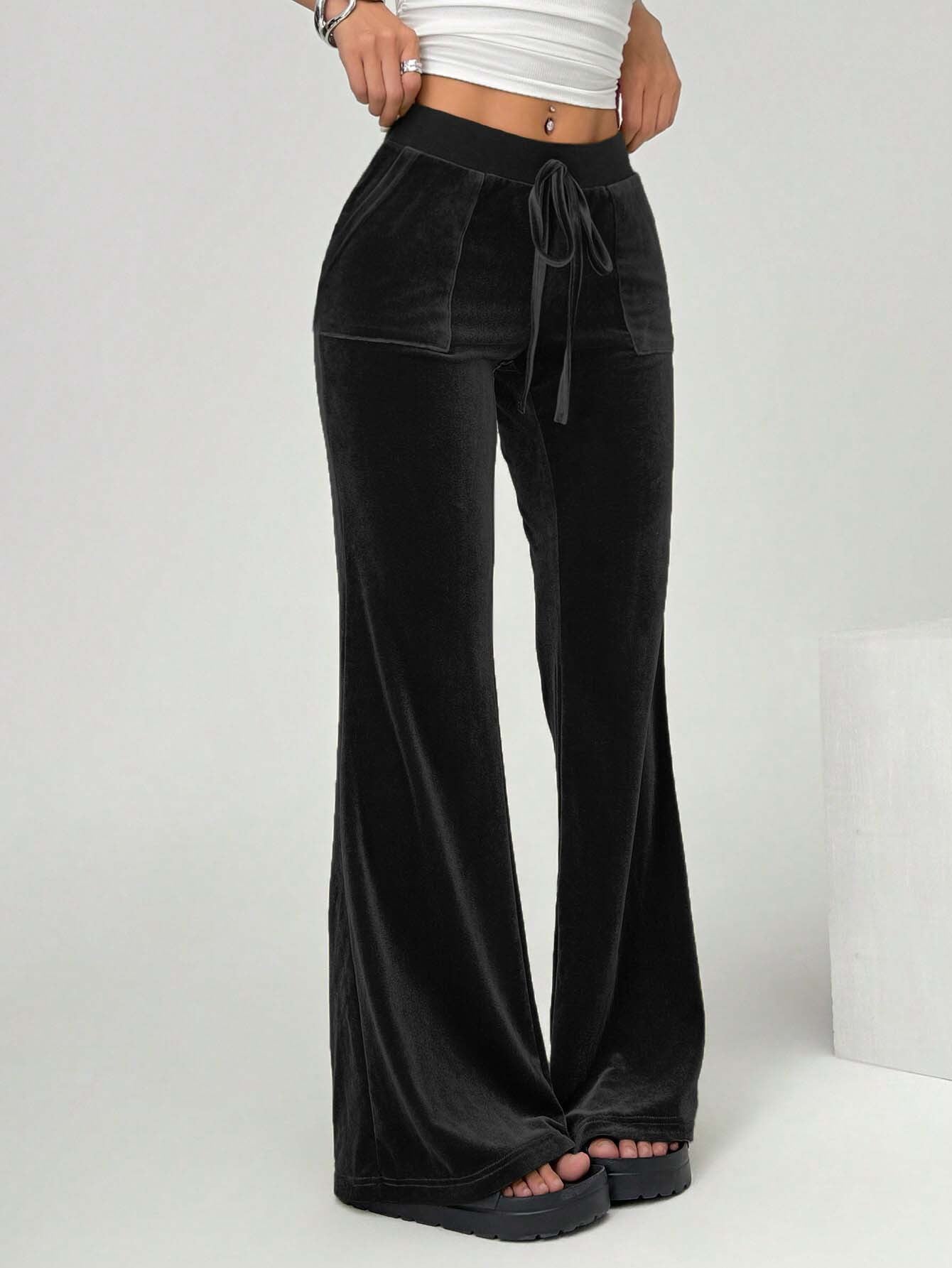 2026 cross-border independent station women's clothing simple temperament velvet casual pants autumn and winter drawstring leg slimming wide leg trousers