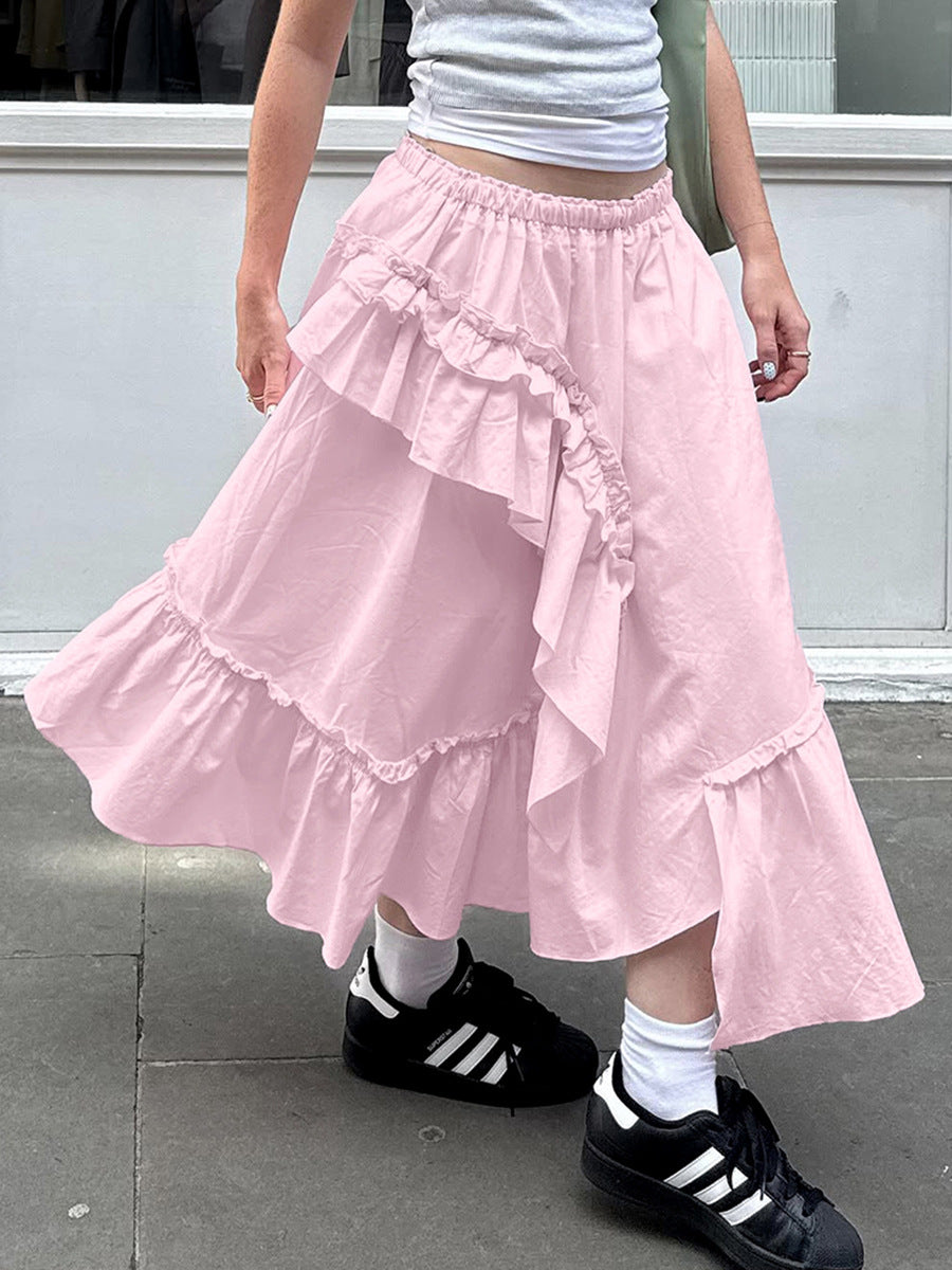 French fashion ruffled skirt female 2026 spring design sense stitching loose high waist A- line skirt cake dress