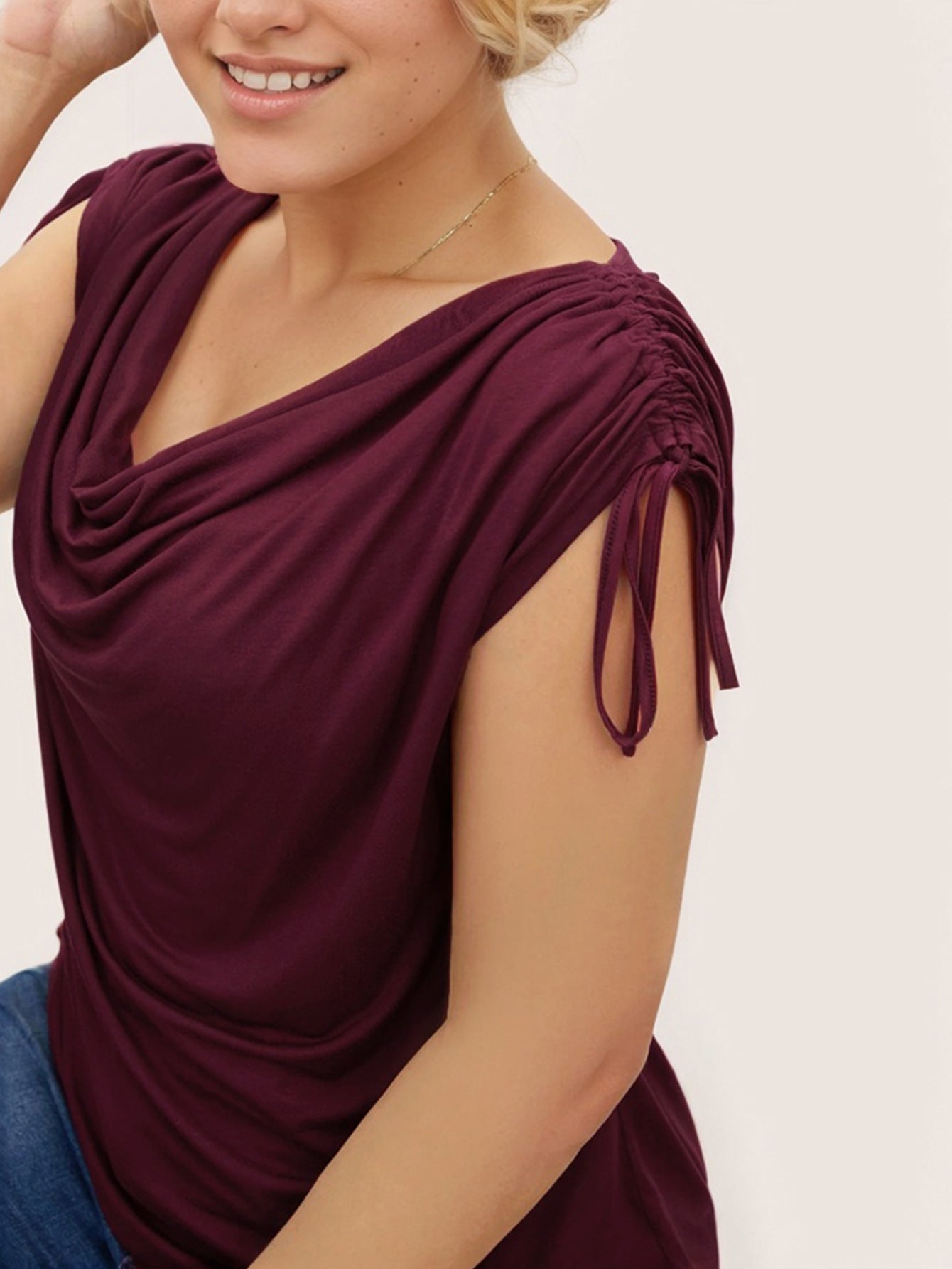 2026 cross-border temu hot sale large size women's clothing adult lady like woman elegant T-shirt spring and summer new wine red peplum top