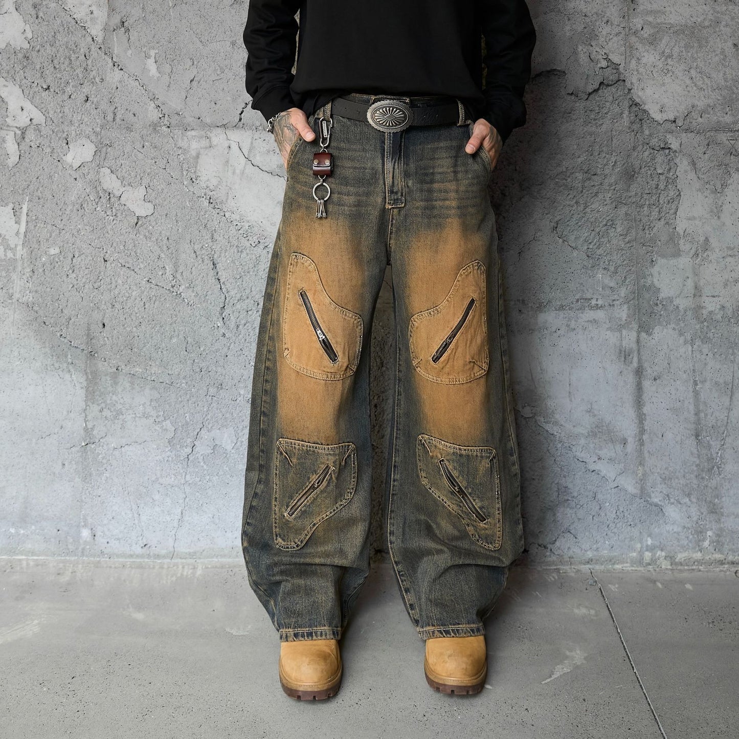 Jiayiku men's clothing 2026 new American high street RO style rust washed jeans loose cargo wide leg pants