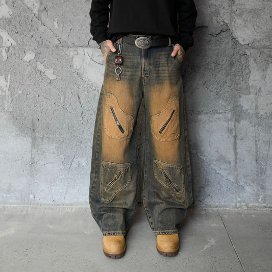 Jiayiku men's clothing 2026 new American high street RO style rust washed jeans loose cargo wide leg pants