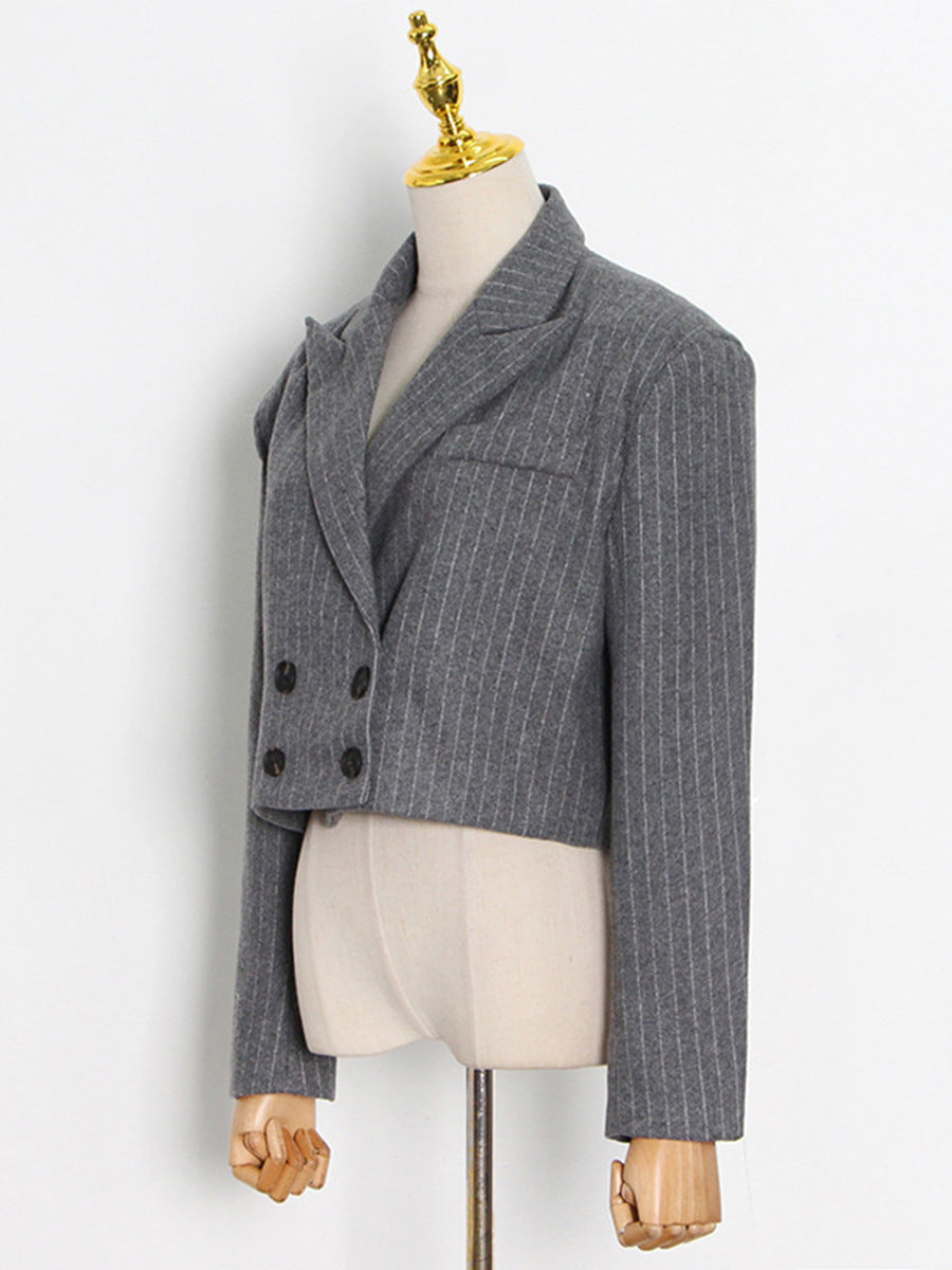 Foreign trade temperament commute style small suit 2026 spring new polo collar gray striped woolen simple easy matching coat