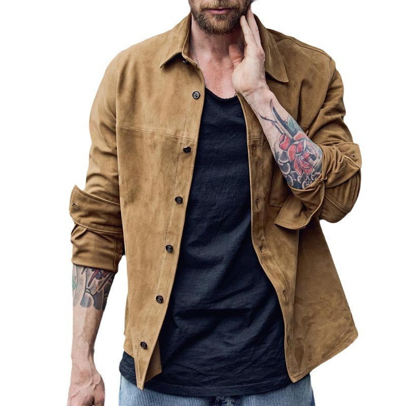 2026 European and American Amazon autumn and winter new men's retro long-sleeved shirt lapel button casual loose shirt