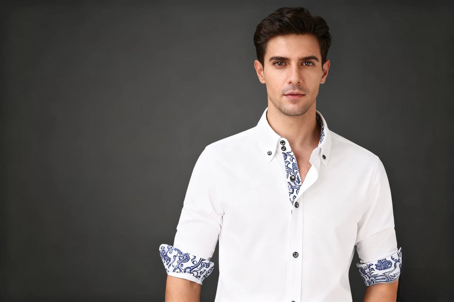 2026 new source factory cross-border blue and white porcelain shirt men's shirt inner shirt white casual men's shirt