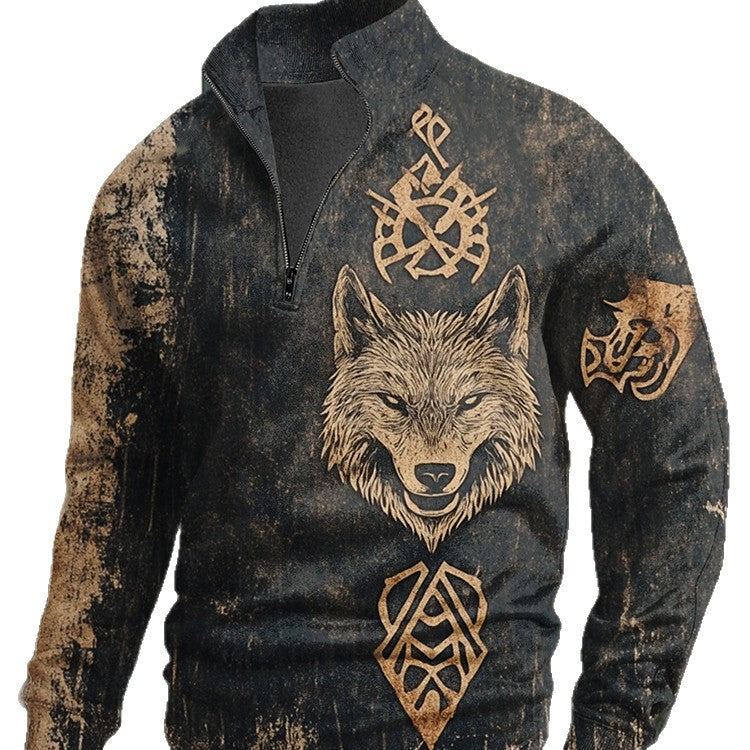 Foreign trade Men's Europe and America cross border half zipper sweater trendy digital printing slim fit comfortable autumn and winter wholesale