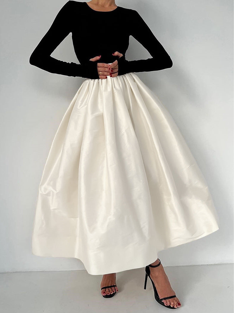 2026 spring cross-border wholesale atmosphere solid color satin large swing skirt female sweet loose temperament A- line skirt