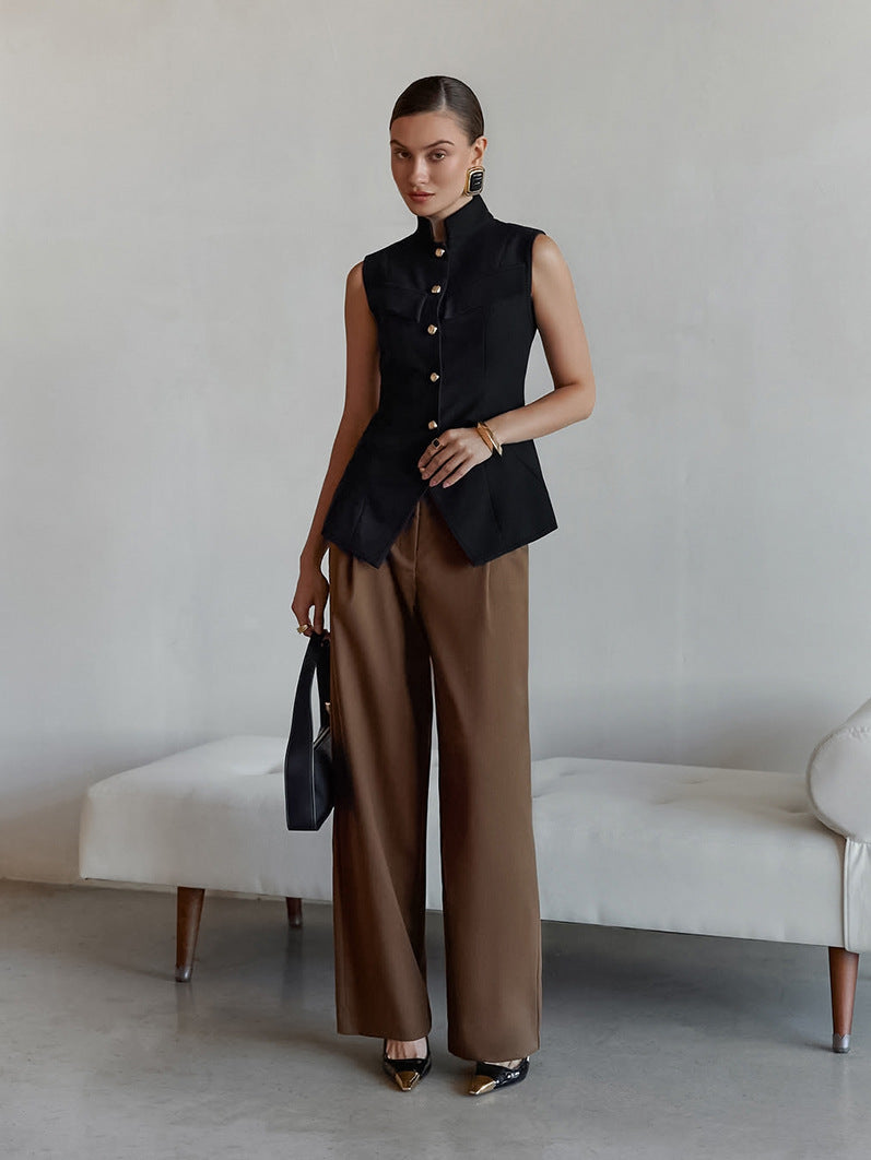 Europe and America cross border women's clothing 2026 spring and summer new stand collar breasted sleeveless waist split temperament top vest vest