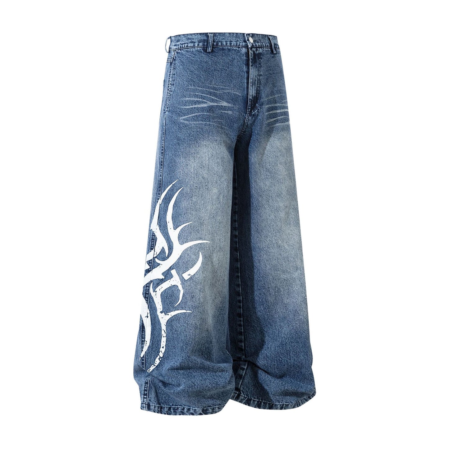 Jiayiku men's clothing 2026 new American high street tide Thorn printed washed jeans loose vibe wide-leg pants