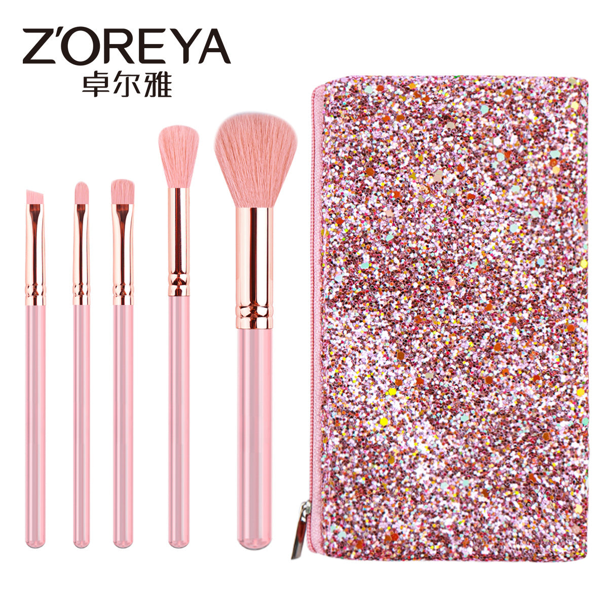 Z'oreya cross-border new portable pink transparent handle beauty tools 5 PCs eyeshadow brush brush suit wholesale