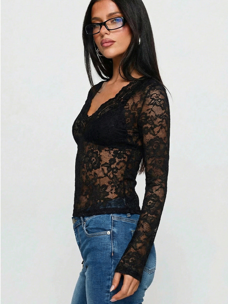 Europe and America cross border sexy lace shirt 2026 New Amazon foreign trade slim lace bottoming top women's clothing