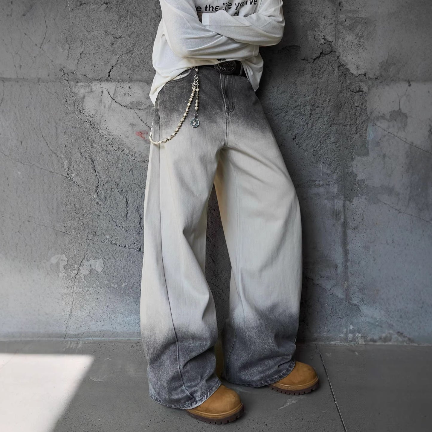 Jiayiku men's clothing 2026 new American high street RO style washed gradient jeans personality machete wide leg pants