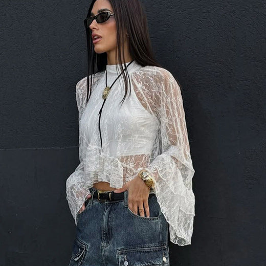 2026 spring Europe and America cross border new sheer cutout gentle bell sleeve white lace shirt women's high-grade