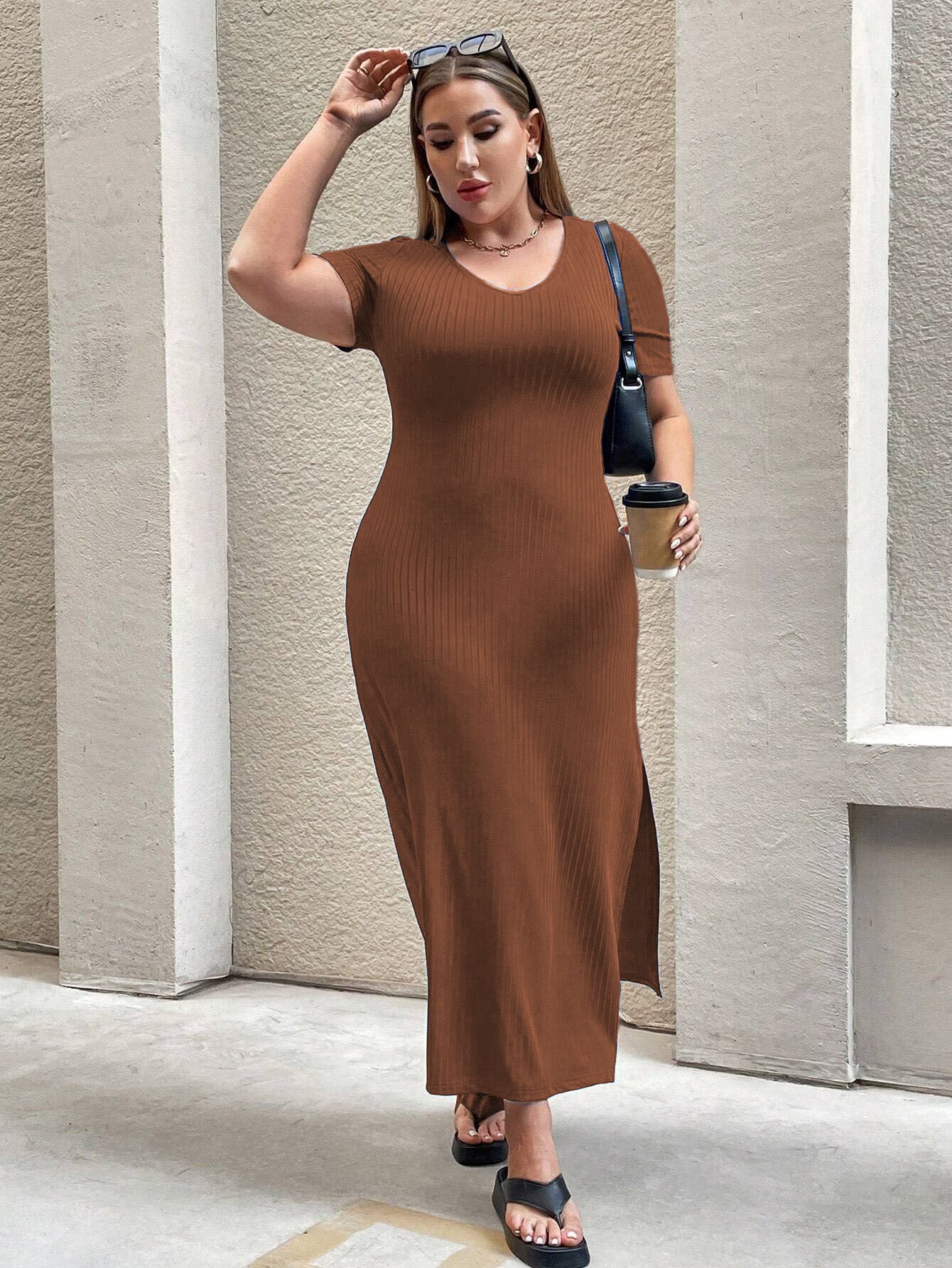 Cross-border European and American plus size women's clothes 2026 new shein temperament waist-controlled split short sleeve dress sheath dress