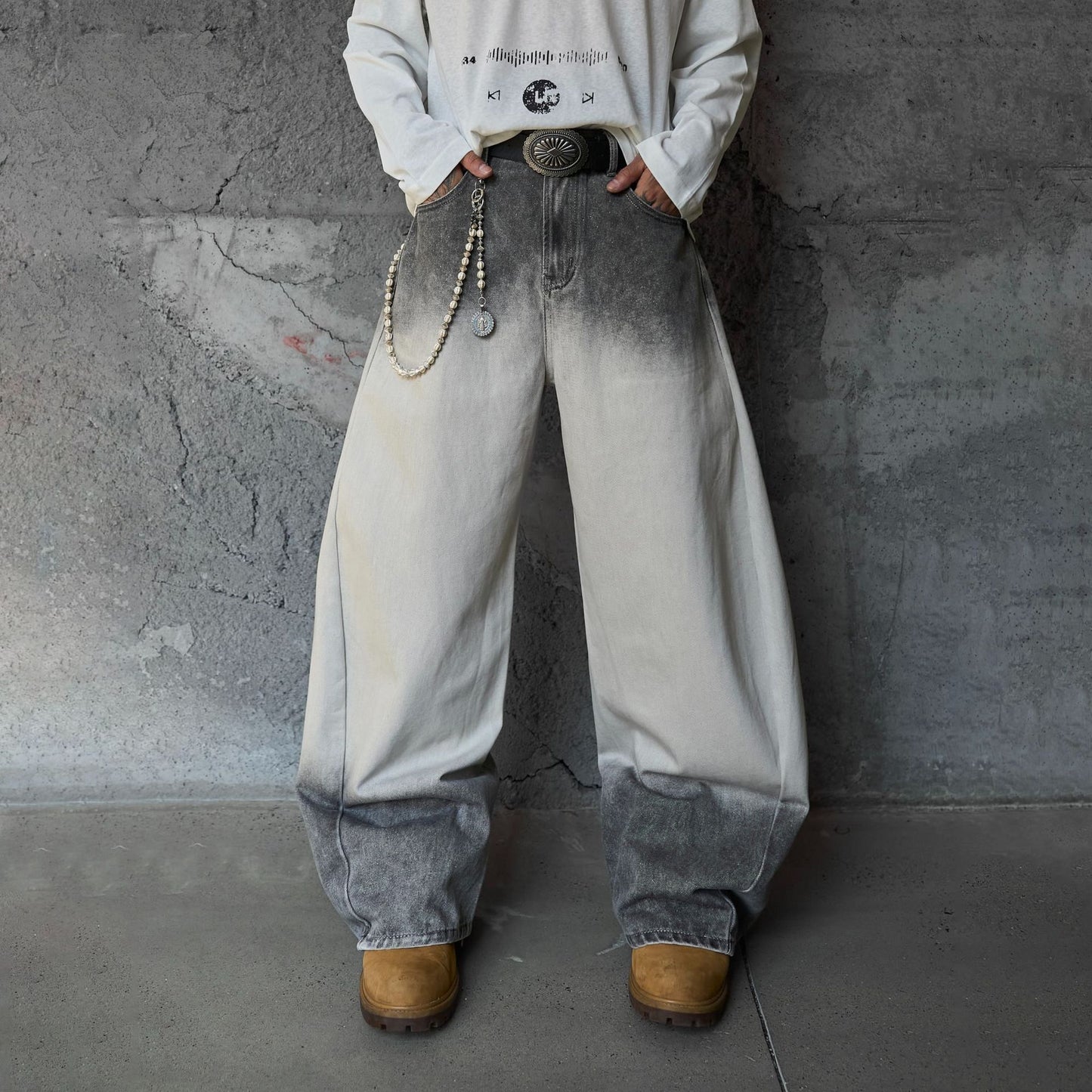 Jiayiku men's clothing 2026 new American high street RO style washed gradient jeans personality machete wide leg pants