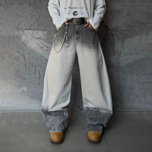 Jiayiku men's clothing 2026 new American high street RO style washed gradient jeans personality machete wide leg pants