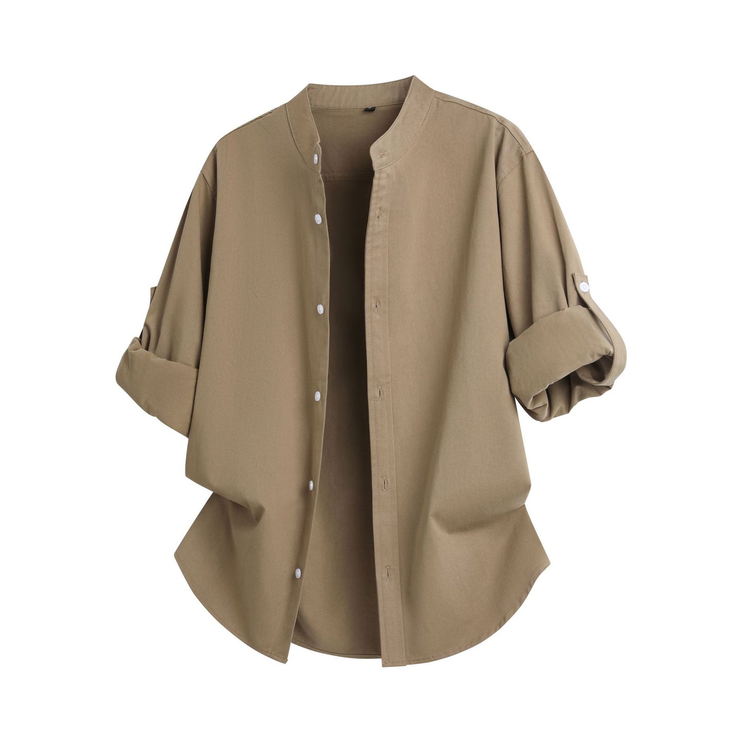 Cross-border 2026 spring and autumn stand collar long-sleeved shirt solid color commute fashion brand rolled sleeves shirt coat men's loose top