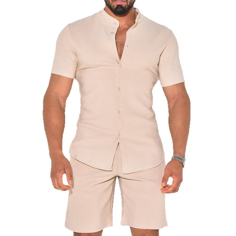 2026 Amazon new men's casual sports suit spring and summer stand collar button shirt shorts two-piece suit