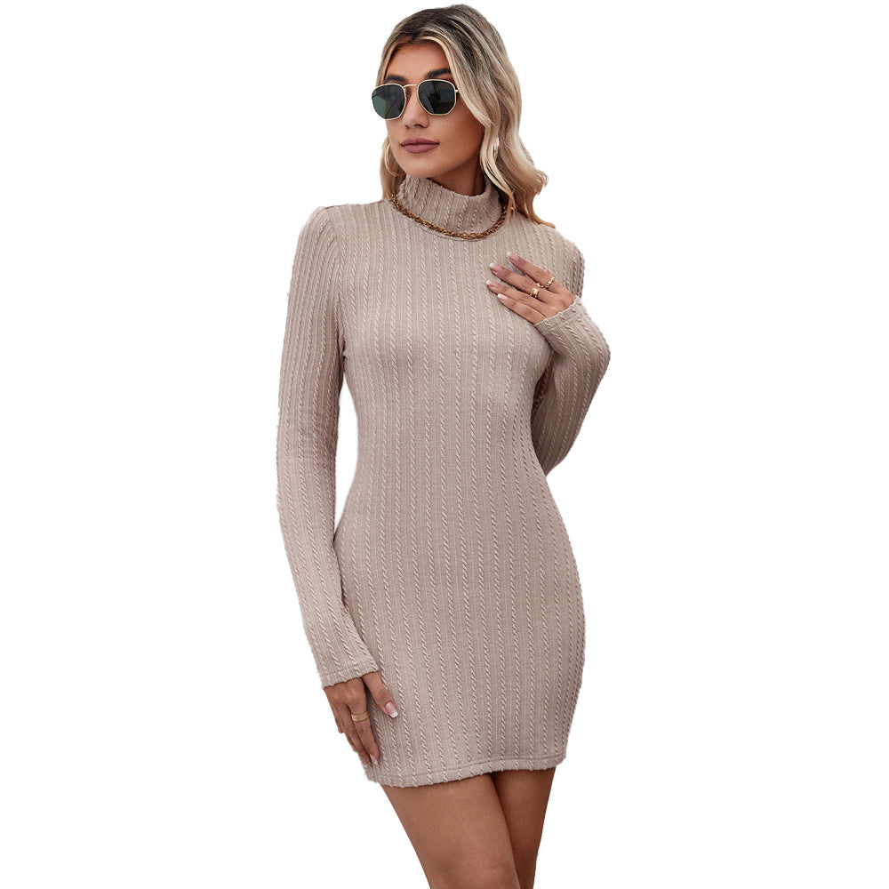 Amazon cross-border 2026 popular knitted half turtleneck temperament commute backless pullover sexy European and American dress for women