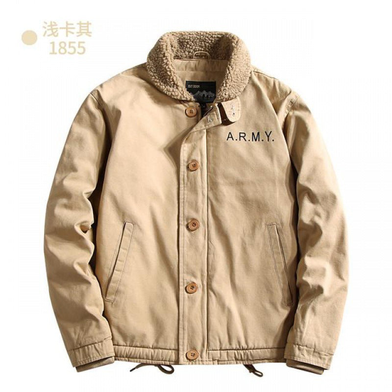 2026 winter pilot jacket men's faux cashmere cotton-padded jacket lapel overalls fleece padded military jacket cotton-padded coat