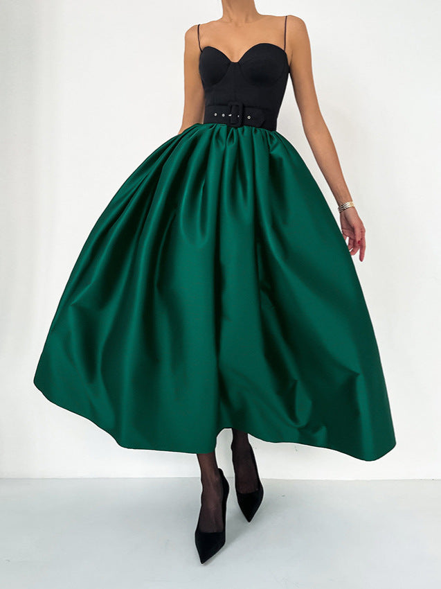 2026 spring cross-border wholesale atmosphere solid color satin large swing skirt female sweet loose temperament A- line skirt