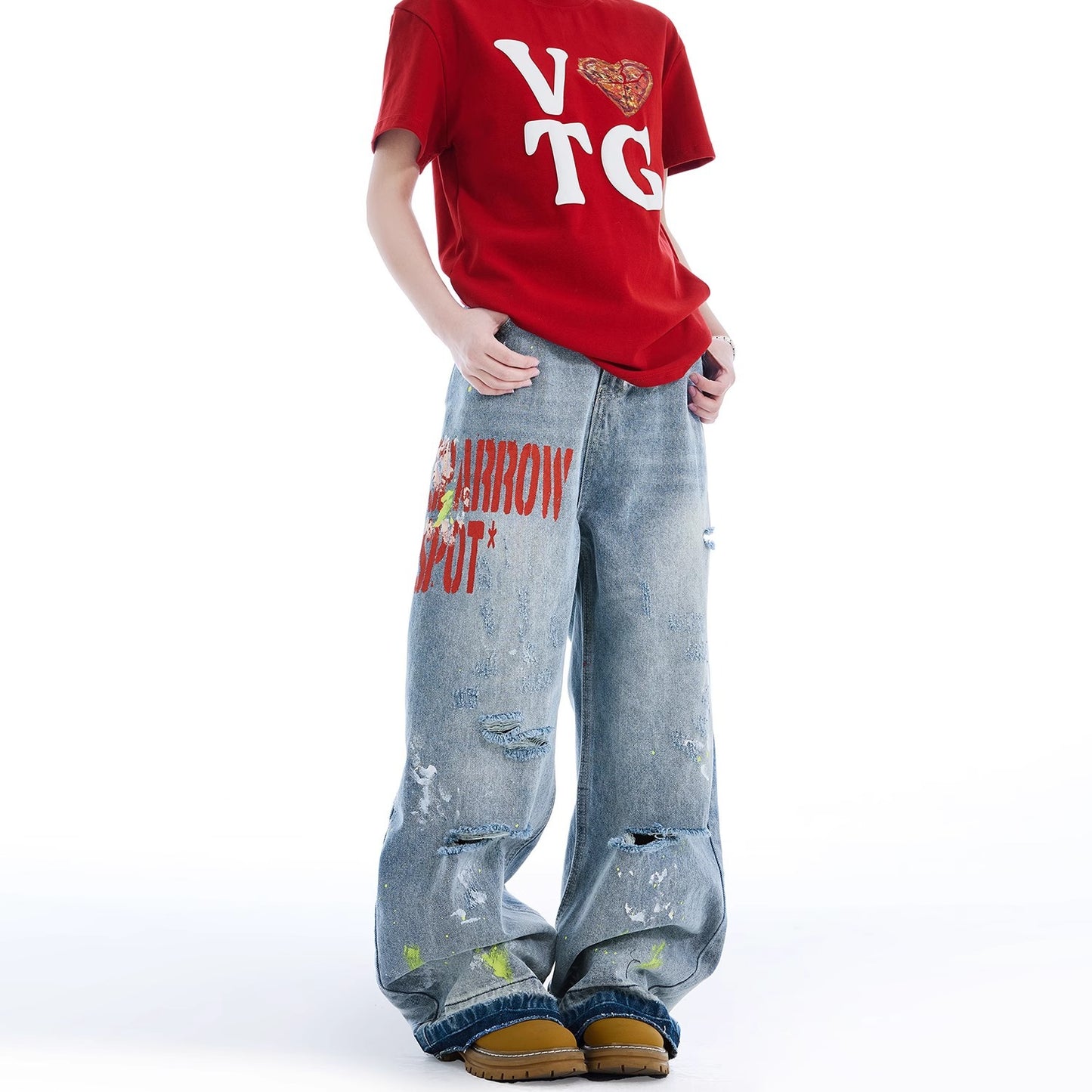 Fashionable retro washed embroidered ripped jeans women's summer New loose American high street wide-leg pants fashion
