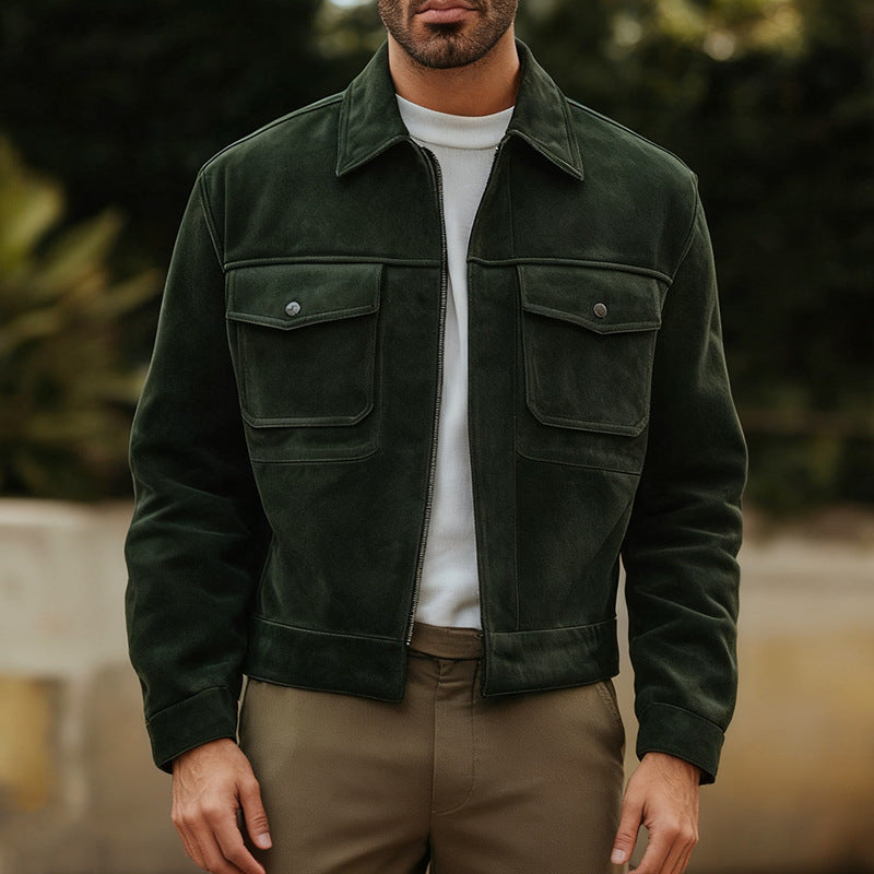Cross-border European and American 2026 autumn and winter new men's casual fashion short jacket polo collar solid color men's jacket