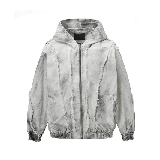 Jiayiku men's clothing 2026 spring and summer new style waste soil style American retro washed frayed stitching hooded jacket jacket