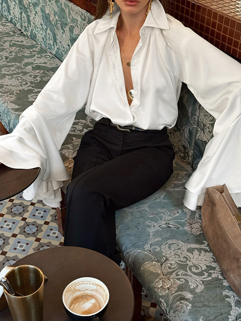 2026 spring cross-border women's clothing French royal style lapel bell sleeve white shirt loose satin slimming top