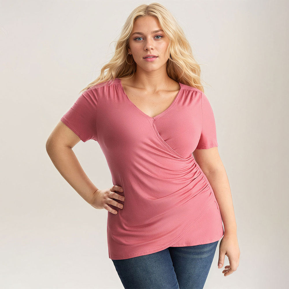 2026 New Amazon cross-border large size women's pink simple style all-match commute T-shirt figure flattering short sleeve top