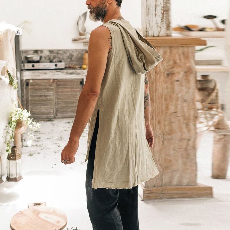 2026 sleeveless hooded vest men's multi-color waistcoat cotton linen washed vest casual men's clothing foreign trade Wholesale