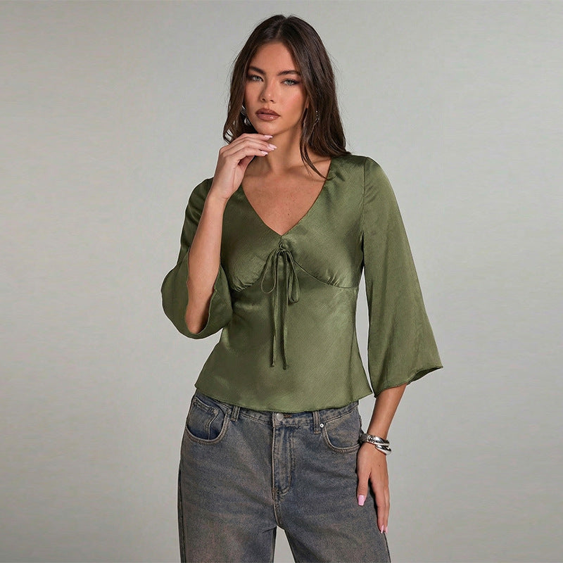 European and American fashion solid color shirt 2026 spring and summer new cross-border Amazon foreign trade slim fit pullover v-neck shirt for women