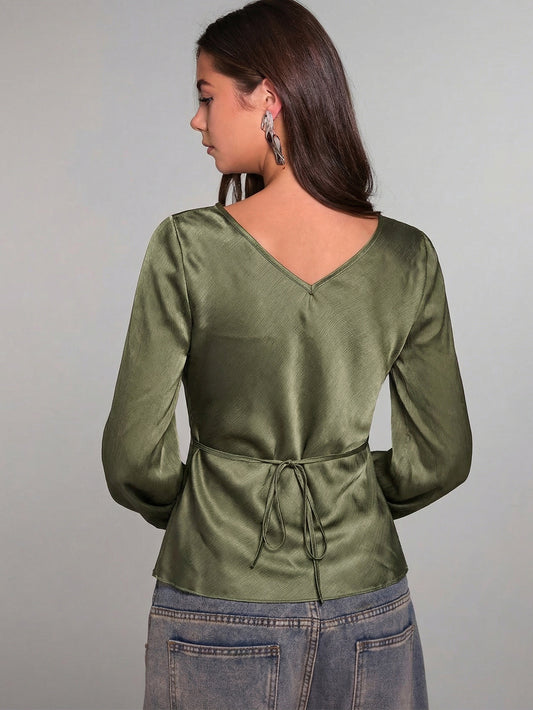 European and American fashion solid color shirt 2026 spring and summer new cross-border Amazon foreign trade slim fit pullover v-neck shirt for women