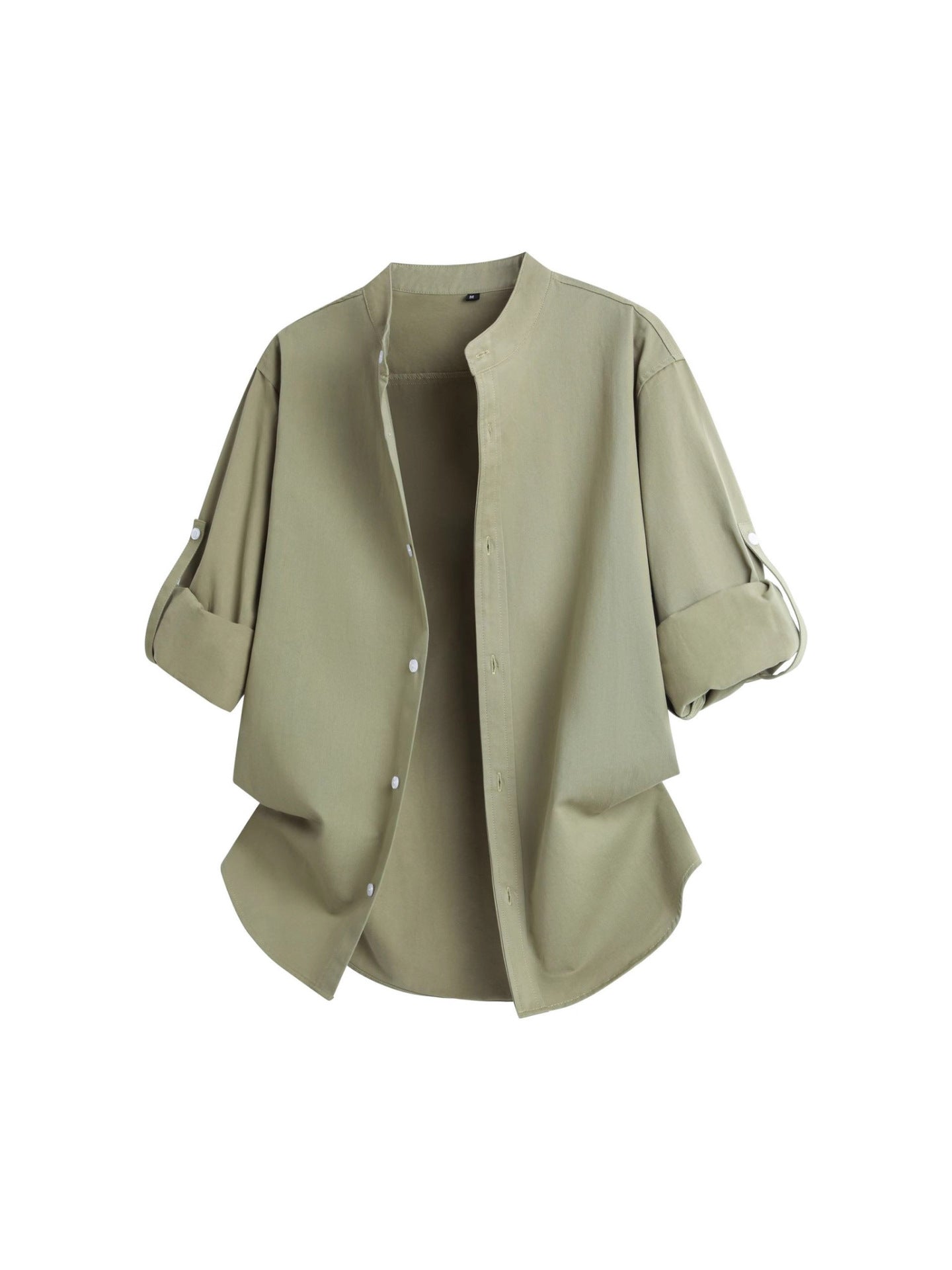 Cross-border 2026 spring and autumn stand collar long-sleeved shirt solid color commute fashion brand rolled sleeves shirt coat men's loose top